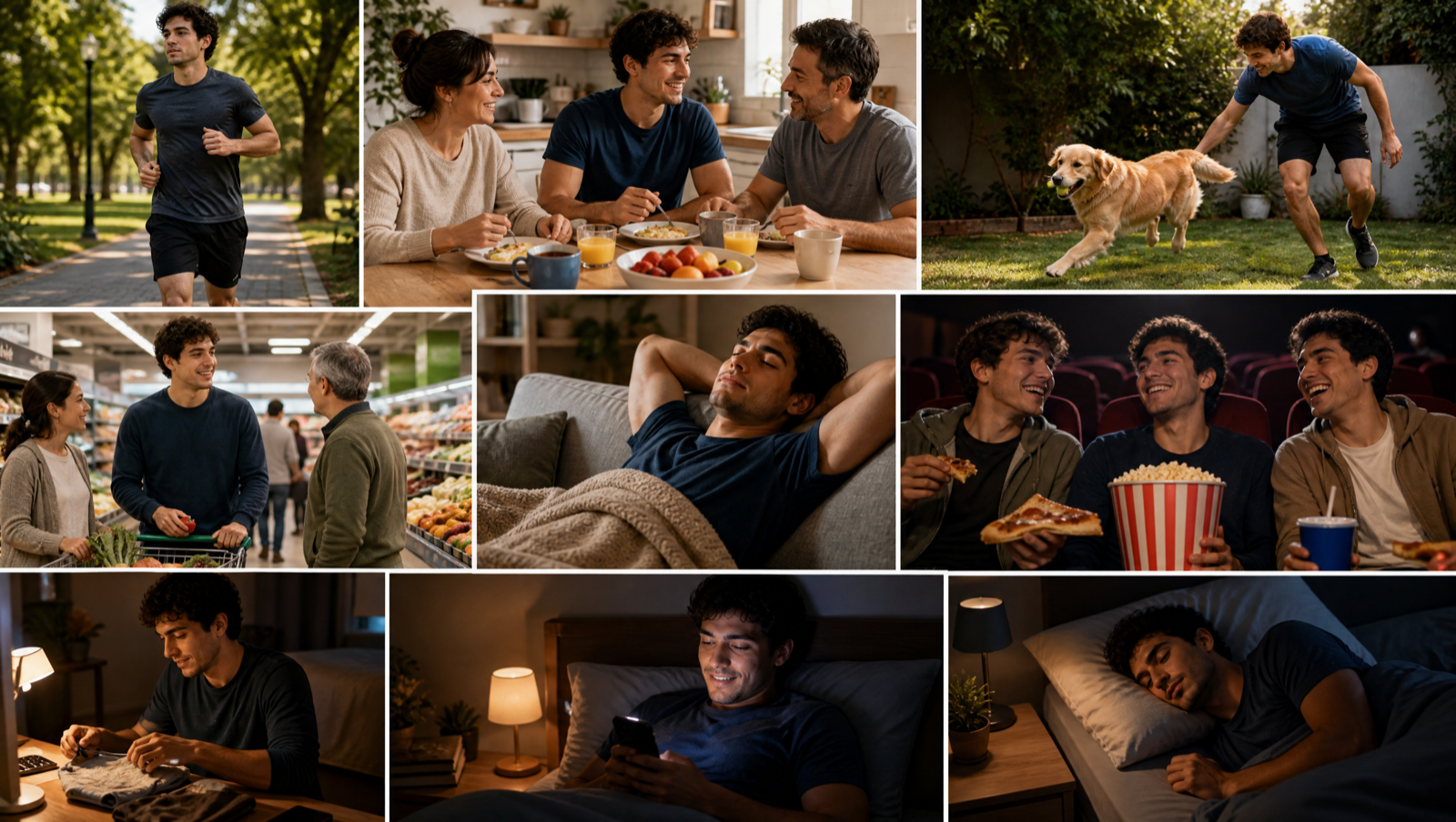 Collage of Miguel's weekend: jogging in the park, breakfast with his family, playing fetch with his dog Rex in the yard, chatting with neighbors at the supermarket, napping on the sofa, watching a movie with friends at the cinema with pizza and popcorn, working at his desk in the evening, smiling at his phone in bed, and sleeping.